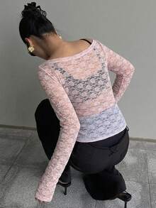 DAZY 女款蕾絲不對稱領修身短版透視上衣 白色 春夏 - 粉色 - 查看 2