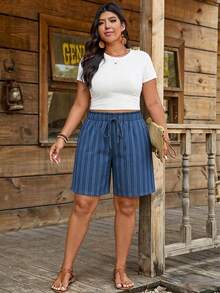 Comfylo Plus Size Women's Striped Tie-Front Casual Vacation Shorts For Daily Wear - Multicolor - View 4