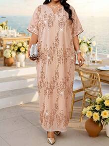Fleurora Đầm thanh lịch cổ chữ V đính sequin nhiều mảnh, cỡ lớn, thích hợp cho mùa xuân/hè. - Màu Hồng  San hô - Xem 1