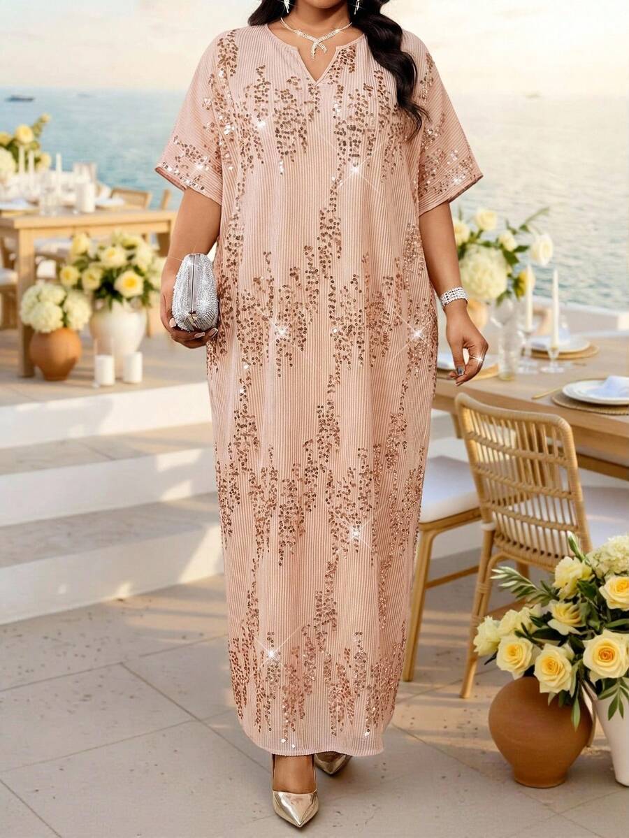 Fleurora Đầm thanh lịch cổ chữ V đính sequin nhiều mảnh, cỡ lớn, thích hợp cho mùa xuân/hè. - Màu Hồng  San hô - Xem 1