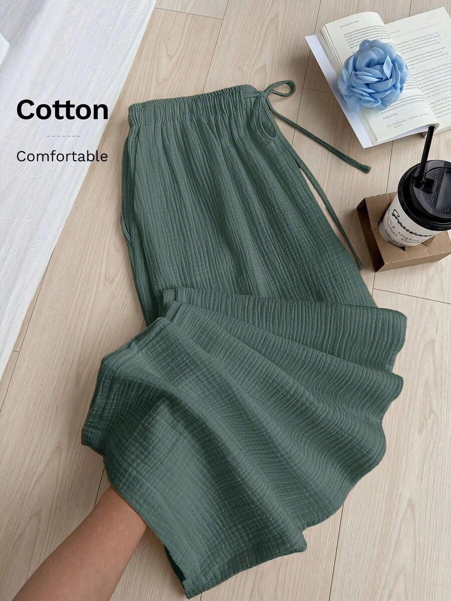 Comfortcana 夏季純色紋理皺褶面料寬鬆抽繩綁帶純棉休閒度假大尺碼寬腿褲 - 綠色 - 查看 1