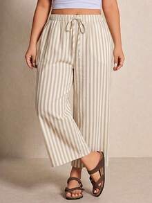 Elaquor Casual Everyday Versatile Striped Pattern Plus Size Women's Lace-Up Wide Leg Pants - Multicolor - View 1