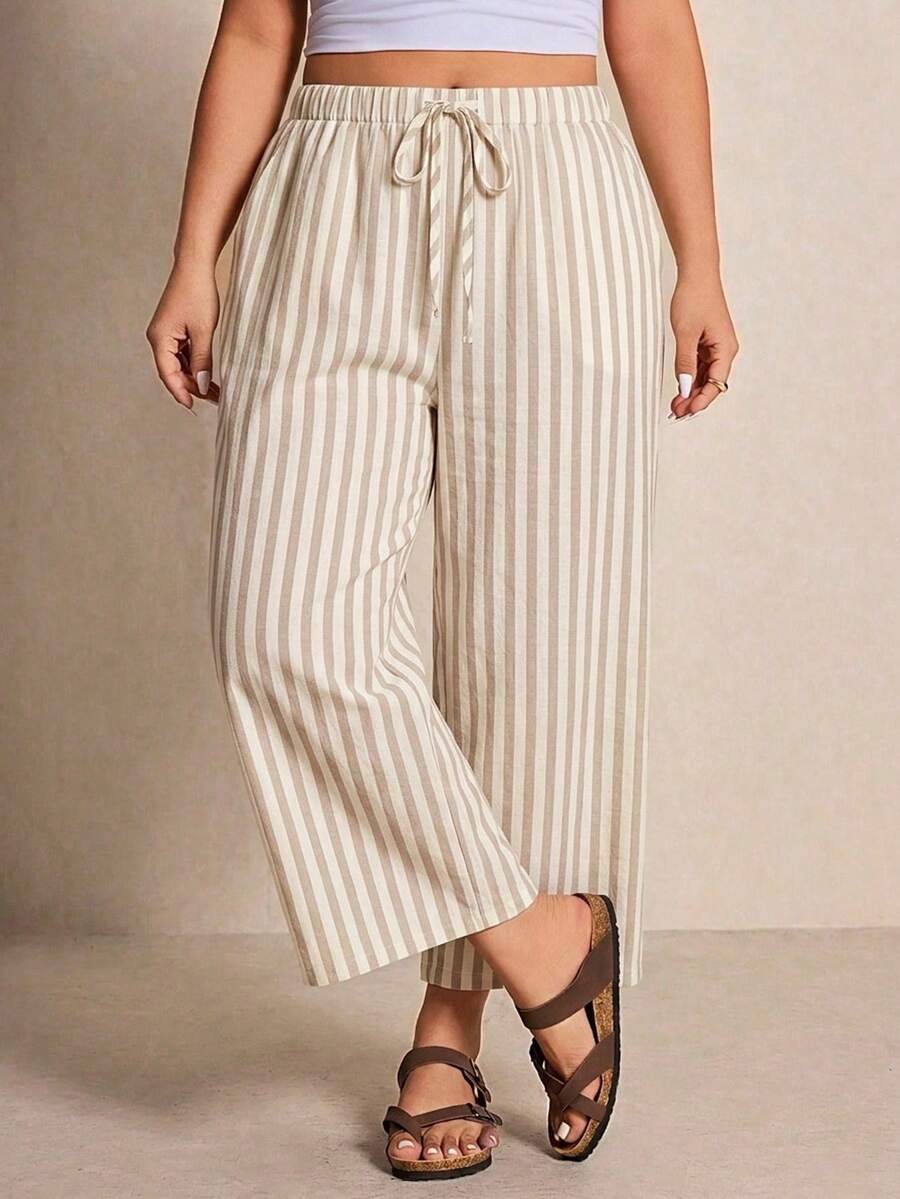 Elaquor Casual Everyday Versatile Striped Pattern Plus Size Women's Lace-Up Wide Leg Pants - Multicolor - View 1