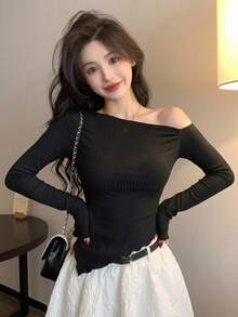 DAZY Women's Solid Color Asymmetrical Shoulder Ruched Slim Fit T-Shirt Long Sleeve Women Tops - Black - View 10