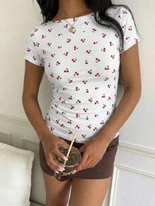 CovetEZ Camiseta ajustada de mujer estilo casual de vacaciones de verano con estampado de cerezas en todo el diseño - Multicolor - Ver 5