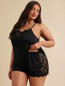 SHEIN BAE CURVE Plus Contrast Lace PJ Set / Pajama Set - Black - View 1