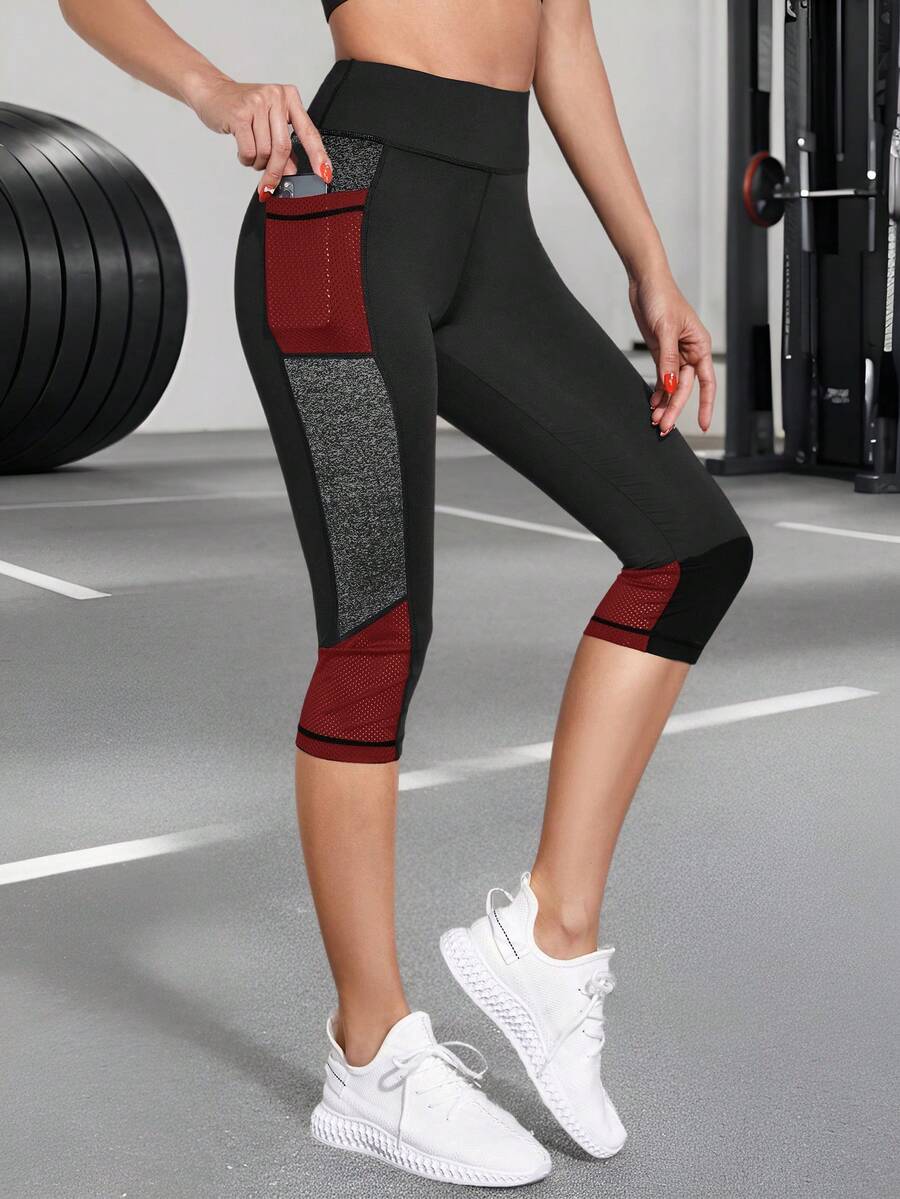 Gameset SHEIN Sport 女款拼色宽腰运动紧身裤，带手机口袋，瑜伽裤