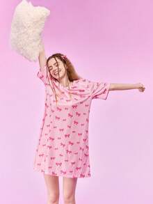 SHEIN Women's Short Sleeve Round Neck Striped Nightgown - Pink - View 7