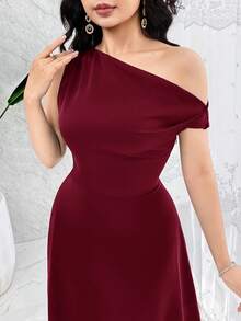 Feyla Women's Asymmetric Neck Solid Color Elegant Asymmetrical Hem Party Dress - Burgundy - View 4