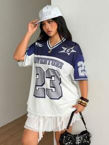 Coolane 男女大尺碼夏季秋季街頭風復古運動賽事日休閒網眼寬鬆號碼印花白色藍色V領棒球球衣 - 藍色 - 查看 6