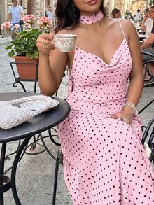 GalTyme Pink Plus Size Summer Elegant Polka Dot Print Cami Dress - Pink - View 5