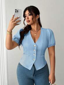 Elenzga Plus Size Women's Summer Solid Light Blue Deep V-Neck Lantern Short Sleeve Minimalist Blouse, Elegant Versatile Women's Clothing For Casual Daily - Blue - View 3