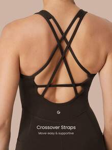 GLOWMODE 4.3" FeatherFit™-Air Sweat-Wicking Quick-Dry Tummy Control Corset Round-Neck Crossover Back Bodysuit Jumpsuit Romper With Side Pockets Low Impact Yoga Pilates Studio Daily Casual Wear Removable Cups - Brown - View 4