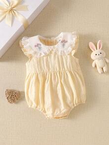 SHEIN Baby Girl Simple Elegant Sweet Embroidered Ruffle Collar Lace Trim Jacquard Fabric All Cotton Bodysuit, Suitable For Daily Wear And Celebration Parties, 0-1 Years Old, Spring/Summer New Arrival - Yellow - View 2