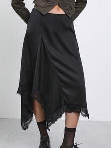 COUREZ Low Rise Asymmetric Satin Midi Skirt With Lace Hem/Y2K Classy Elegant Sexy Autumn Outfits For Women Going Out Brunch Birthday Party Night Rave Black - Black - View 6