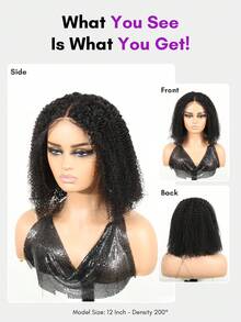 ALL READY WIG 非洲捲縮捲無膠波波假髮，可調節彈性抽繩人髮蕾絲假髮，女用全就緒假髮，預漂白、預拔髮、預剪蕾絲融化 4x4 蕾絲封口無膠假髮，含前髮，100%人髮 - Natural Black - 查看 4