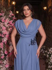 Glamrae Plus Size Elegant Formal Deep Dusty Blue Chiffon Draped Neck Dolman Sleeve Ruched Asymmetric Ruffle Hem Luxurious Applique Decor Dress Wedding Evening - Dusty Blue - View 4