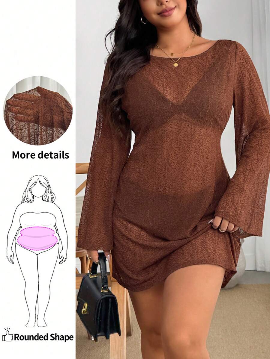 Enliva Đầm ôm dáng xòe tay loe hở lưng màu nâu, chất dệt kim mỏng nhẹ xuyên thấu, phong cách Boho hiện đại đô thị Y2K retro sexy cho nữ size lớn, đi biển nghỉ dưỡng - màu nâu - Xem 1