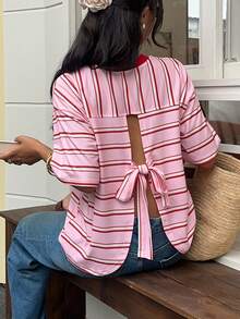 SHEIN Frenchy Women's Striped Colorblock Casual Versatile Everyday T-Shirt - Light Yellow - View 9