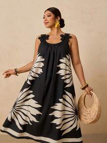 Travachic Plus Size Women's Vacation Botanical Print Casual Spaghetti Strap Dress - Black - View 3