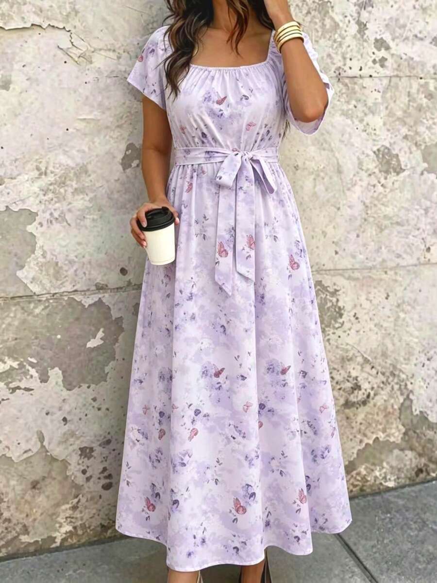 SHEIN Clasi 大码女式夏季印花圆领短袖插肩长连衣裙，圣诞节女式长裙套装 - 紫色 - 查看 1