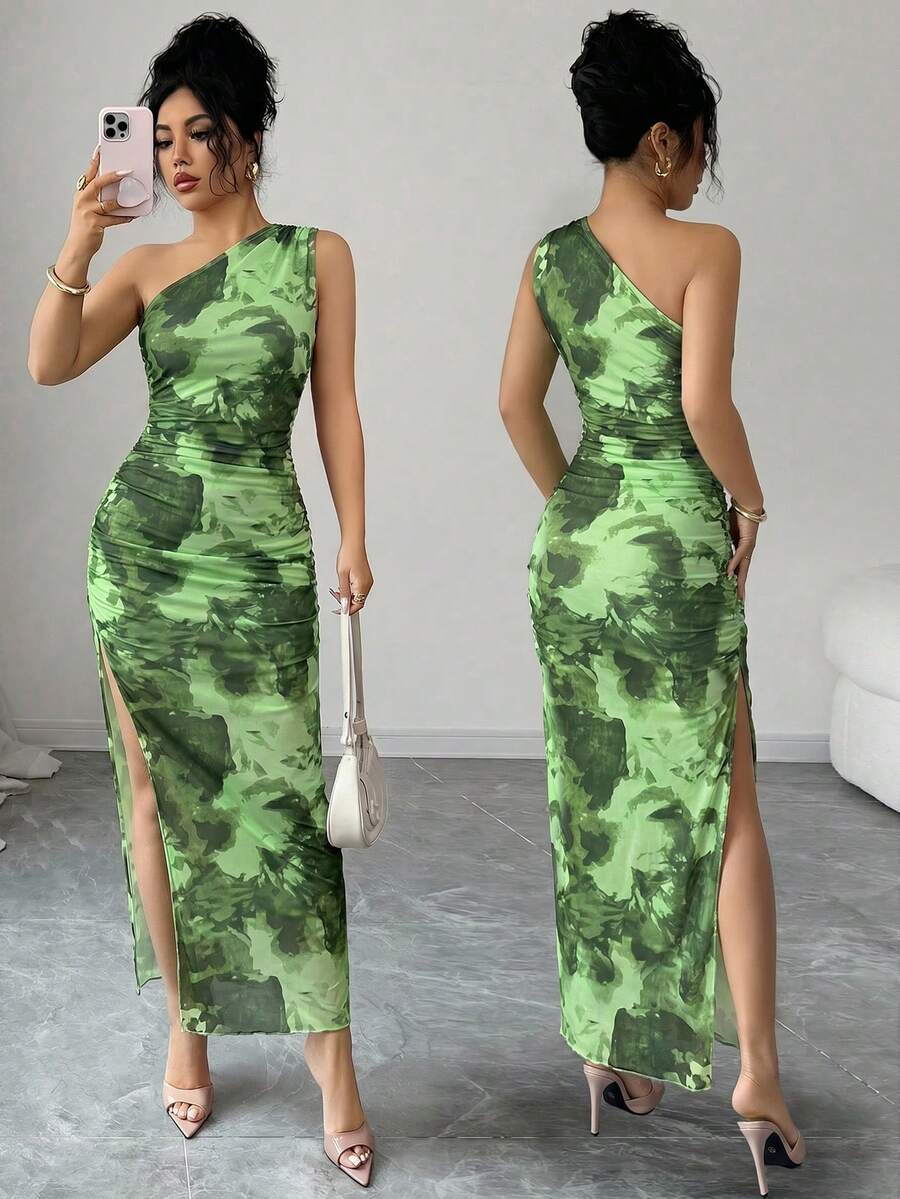 Selianne 女款奢華晚禮服,紮染印花不對稱領口無袖性感長洋裝 - 淺綠色 - 查看 1