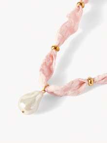 Opalesca 18k Gold-Plated Pink Floral Cloth Pearl Pendant Temperament Necklace,Premium/Elegant/Classy/Dailywear/Minimalist,Pearl/Crystal,For Mom/Women/Girl/Mother,Summer/Beach/Prom/Party/Holiday/Vacation,Engagement/Wedding/Promise,Bride,Heart/Floral,Fairycore/Mermaid Core - Pink - View 6