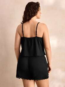 Charlaine Plus Size Pajama Sets Kontras Lace Plain - Hitam - View 3