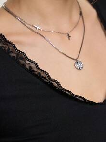 INAWLY 2件套女士复古Y2K性感V领蕾丝拼接短袖紧身T恤套装，黑白常规基础款T恤套装，适合日常、居家、户外、上学穿着 - 黑與白 - 查看 3