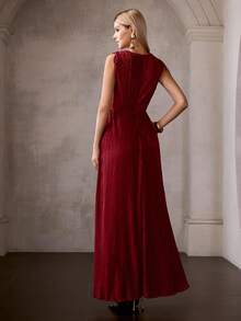 MOTF PREMIUM WOMEN'S SOLID COLOR TEXTURED FABRIC PLEATED KNOT SLEEVELESS FITTED WAIST DRESS - Red - View 3