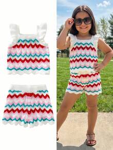 SHEIN 2pcs Young Girl Knitted Striped Colorblock Ruffle Collar Casual Top And Shorts Set - Red - View 2