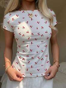 CovetEZ Camiseta ajustada de mujer estilo casual de vacaciones de verano con estampado de cerezas en todo el diseño - Multicolor - Ver 7
