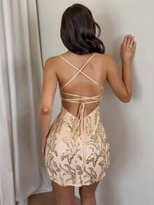 Glamour mini tipo slip elegante con patchwork de lentejuelas y cintura definida para citas y fiestas para mujer - Rosa Pálido - Ver 3