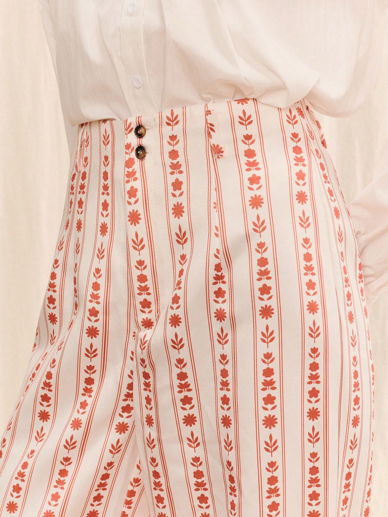 White High Waisted Floral Trouser With Straight Loose Fit Leg Summer Holiday Business Casual Pants