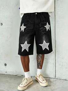 GALLERY FADE New Summer Black And White Washed Denim Shorts With Star Embroidery Holiday Y2k - Black - View 6