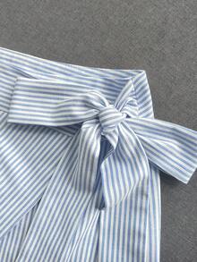 SHEIN Franclia 夏季新款休閒通勤百搭女裝長褲，棉感條紋亞麻褲，六月節適用，適合春夏秋冬，女裝下身褲，外出穿搭，海灘度假，旅行，假日出遊，日常，通勤，藍白配色，腰綁帶寬腿褲裙，女裝 - 藍白色 - 查看 3