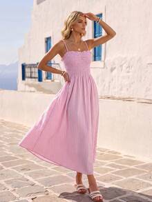 Vivid Eden Spring/Summer Women's Vacation Pink Woven Striped Sling Long Dress, Women Vacation Dress, Pink Striped Dress, Wedding Guest Dress Women,Date Night Dress,Casual Dresses For Women,Pink Dress,Cami Dress - Pink - View 5