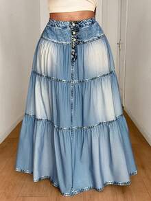 Maweii Rok Panjang Kasual Efek Denim Kancing Depan untuk Wanita Ukuran Plus (Musim Gugur) - Biru - View 3