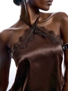 LYSMO Women's Summer Vintage Sexy Contrast Lace Asymmetric Hem Halter Neck Top Going Out Night Out Date Night Dark Brown - Coffee Brown - View 4