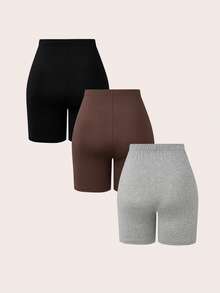 SHEIN LUNE Women's 3 Pieces Set Solid Color Elastic Waist Base Shorts - Multicolor - View 3