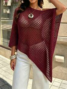 SHEIN Franclia Atasan Rajut Wanita Polos Berlubang, Kasual, Serbaguna untuk Aktivitas Sehari-hari - Burgundy - View 3