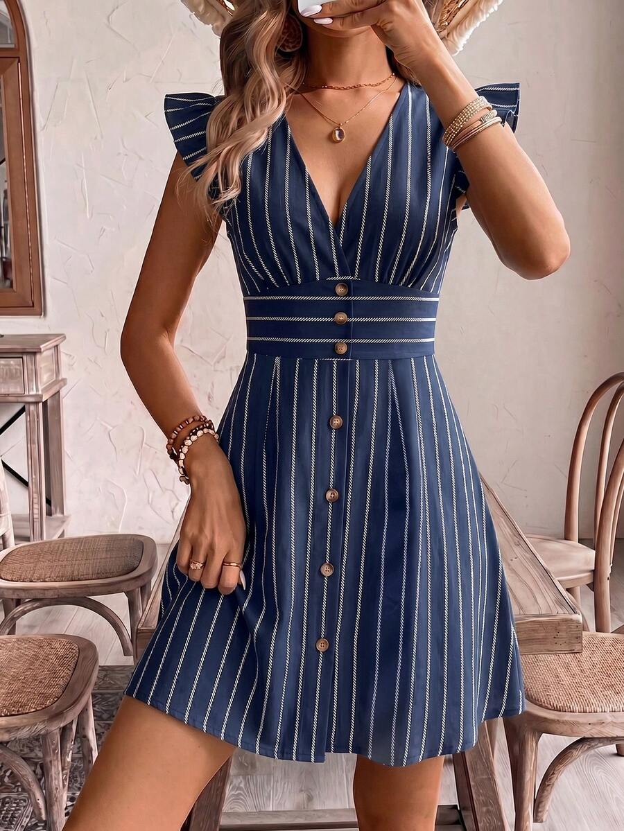 SHEIN Frenchy Gaun Wanita Model A-Line Lengan Pendek Leher V dengan Hiasan Kancing, Gaun Musim Panas untuk Wanita - MultiWarna - View 1