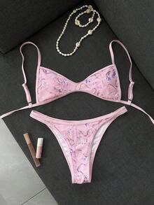 Costavie 女款2件組夏季海灘比基尼套裝，亮片刺繡面料，後綁帶細肩帶上衣與比基尼泳褲，海濱泳裝 - 粉色 - 查看 3
