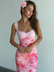 Aloruh New Romantic Multi-Color Ombre Floral Print Fitted Stretchy Sexy Backless Bodycon Maxi Dress With Lace Decor - Multicolor - View 3