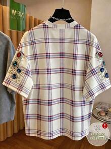 EMERY ROSE Blumiges Patchwork Karomuster Rundhals Kurzarm modisches T-Shirt in Große Größen - Verschiedenfarbig - Übersicht 2