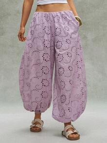 Bohemela Celana Panjang Wanita Polos Motif Bunga Berongga dengan Pinggang Elastis dan Saku, Model Longgar dengan Manset. - Dusty Purple - View 7