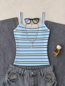 Teen Girls Casual Simple Spaghetti Strap Fitted Tank Top Summer Top - Multicolor - View 3