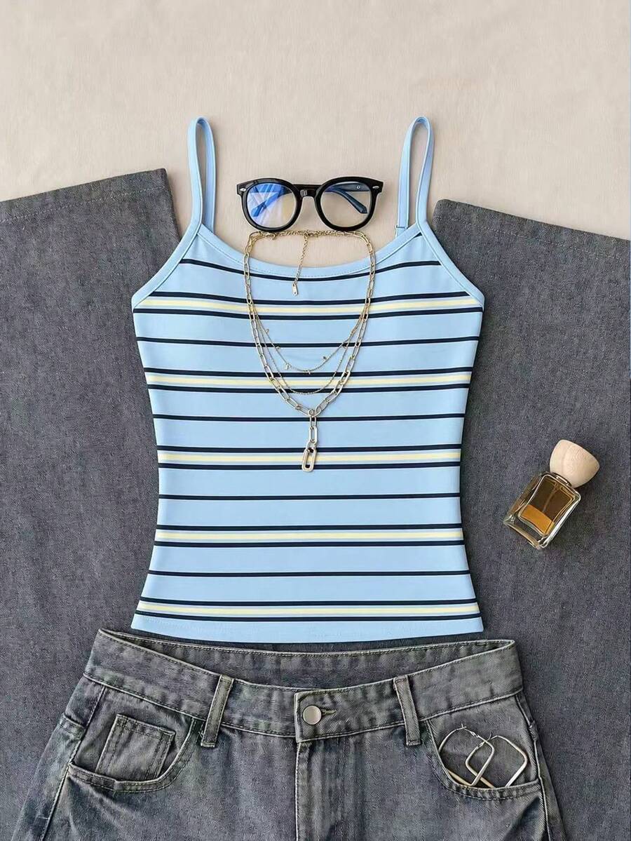 Teen Girls Casual Streetwear Simple Spaghetti Strap Fitted Tank Top Summer Top Back-To-School Birthday Gifts - Multicolor - View 1
