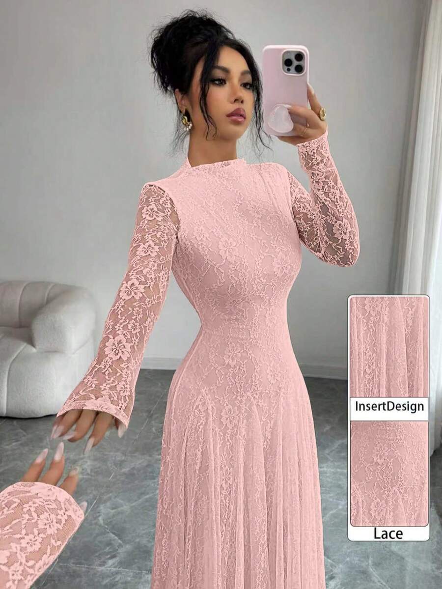 Modelyn 酒紅色設計半高領收腰顯瘦蕾絲女裝洋裝 - 粉色 - 查看 1