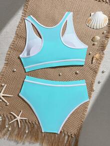 Teen Girl Colorblock Tank Top And Triangle Bikini Bottom Swimsuit Set For Beach Vacation - Mint Blue - View 2